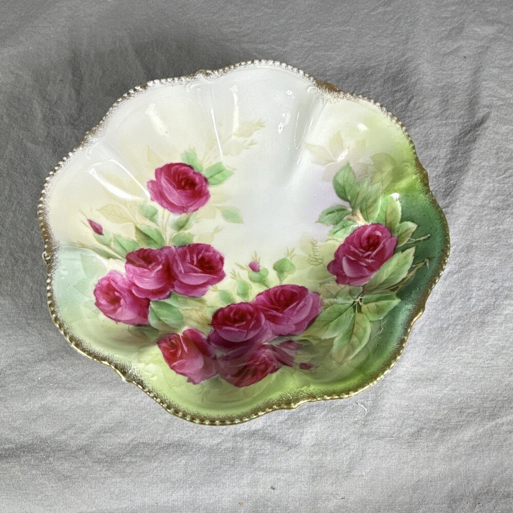 Antique Hand Painted Bavarian Porcelain Berry Bowl - Signed by Artist Heine